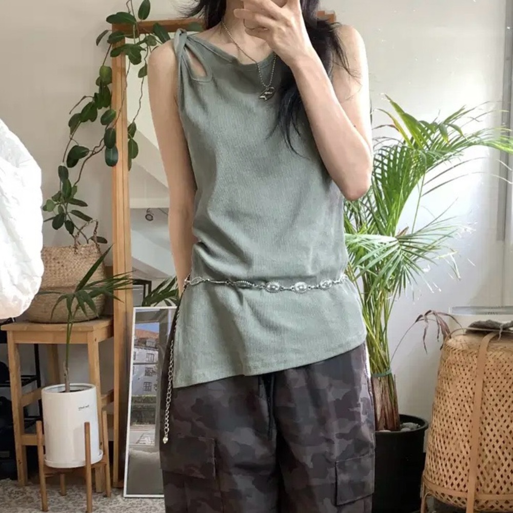 Sleeveless Olive Tank Top with Knot Shoulder Detail